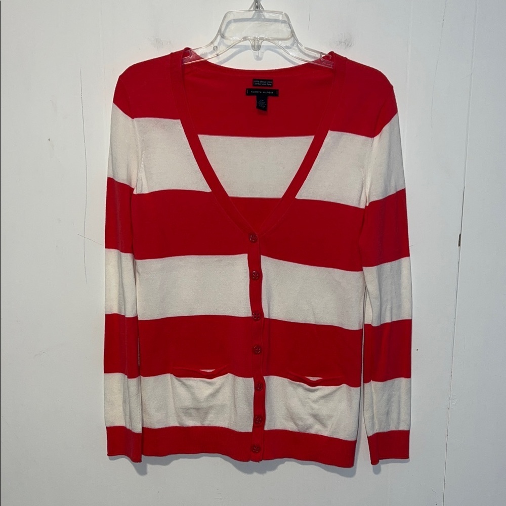 Tommy Hilfiger Pink and White Striped V-Neck Cardigan Size S/P 0330263